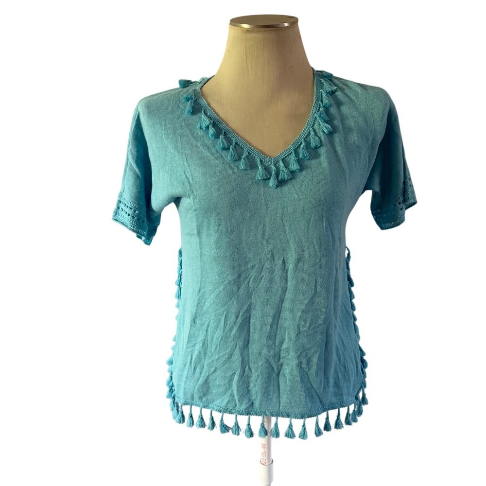 Chicos Blue Linen Tassel Blouse Sz S Coastal Loose Vacation Cruise